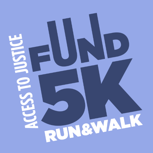 Logo featuring the text 'Fund 5K Run & Walk' in dark blue on a light purple background, with the phrase 'ACCESS TO JUSTICE' written vertically along the left side.