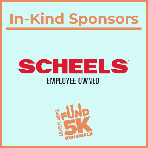 in kind sponsor scheels employee owned access to justice fund run 5k logo