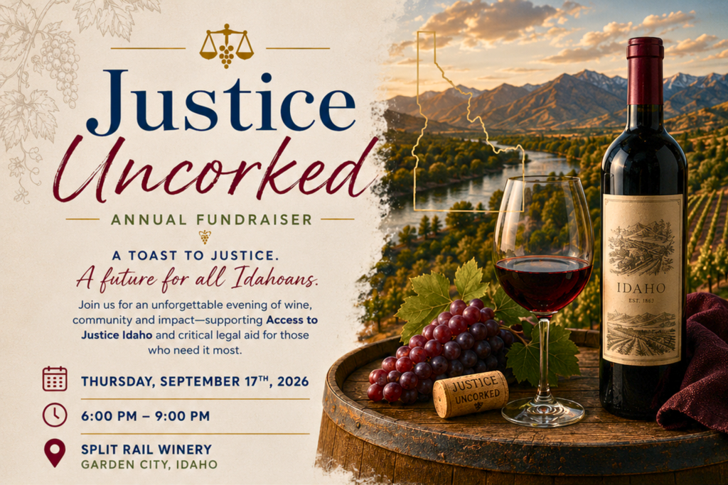 Justice Uncorked Annual Fundraiser header: 'A Toast to Justice. A future for all Idahoans.' Invites attendees to an evening of wine, community, and impact supporting Access to Justice Idaho and legal aid. Event details: Thursday, September 17th, 2026, 6:00&ndash;9:00 PM, Split Rail Winery, Garden City, Idaho. Right side shows a wine glass and bottle labeled 'Idaho' with grapes on a barrel, set against a vineyard and mountain landscape with an Idaho state outline.